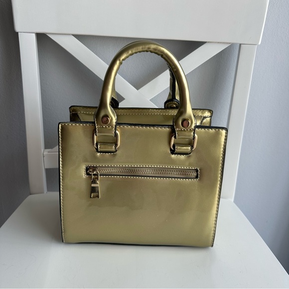 Vintage Faux Leather Patent Small Satchel Handbag w/ Crossbody Strap in Gold - Picture 3 of 11